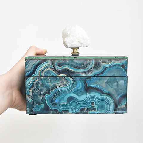 Square Artemis jewellery glass box, blue marble design.