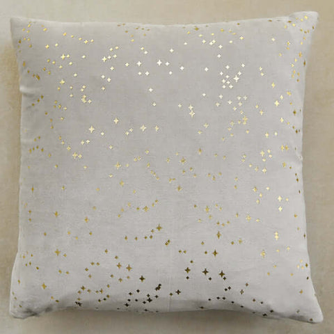 Angel Gold Starlight Cushion, Woven Cotton Velvet, Taupe with Metallic gold details on cushion.