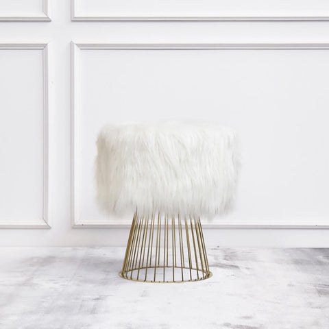 Bouffant White Fur Gold Dresser Stool with polished gold steel frame base.