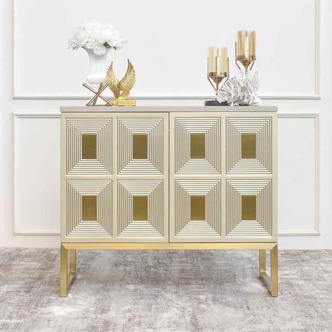 Hand painted in hues of champagne gold creating a distressed vintage look, the Contratto sideboard makes the perfect center piece furniture for your living room home. 