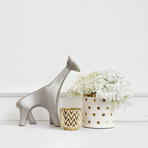 Decorative Grandiflora Hydrangea Flower in Gold White Vase Planter.