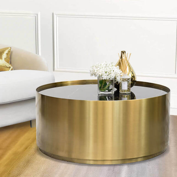 Round gold deals drum coffee table