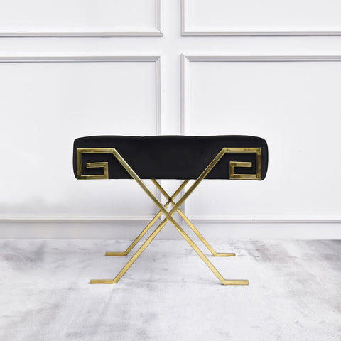 The Marq Stool features Lush Black Velvet seats and Polished stainless steel gold legs with a Greek Key design at the sides of the seat. A timeless and classic look for your vanity table or living room.