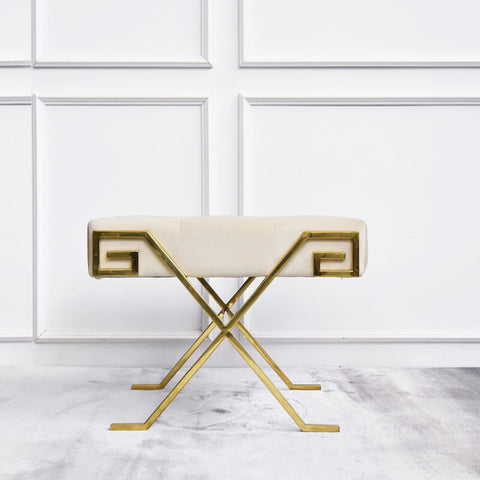 Marq Greek Key Gold Dresser Stool, in a Smooth Ivory Cream velvet seats.