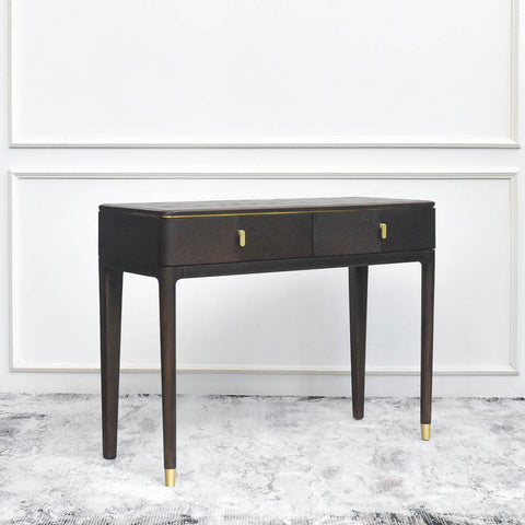 Image of the Side View of Odette Console Vanity Table: Detailed view of the solid hardwood legs featuring gold-plated stainless steel tips, emphasizing the luxurious craftsmanship and attention to detail.