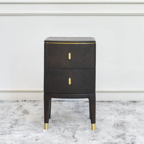 Odette Side Table & Nightstand, Small: A stylish bedside table featuring timeless ash wood veneer and sleek, straight-lined cabinets, rounded corners for his safety, ideal for enhancing any home design.