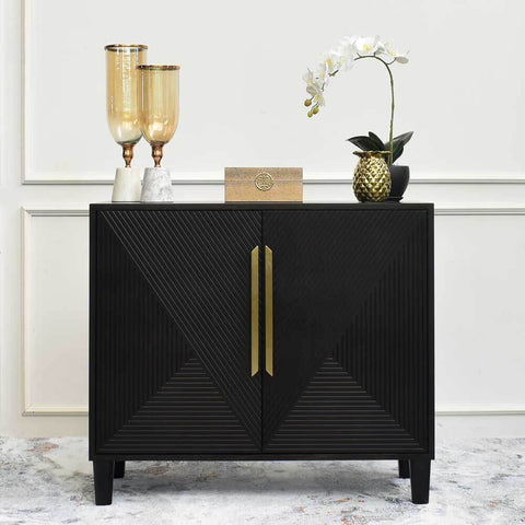 Geometric carvings on the soft closing door panels, brushed gold handles for ease of handling. Match the Uno 2 door Sideboard with black and gold decor for a lush look. 