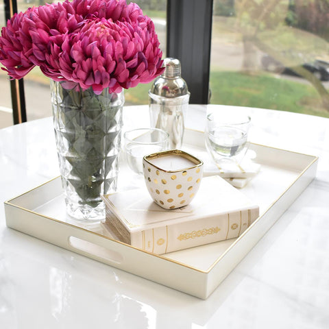 Purple bold and bright Chrysanthemum Flower inside Gherkin vase on Hera white tray.