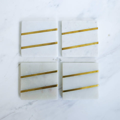 Park Avenue White Marble Coasters, Gold Brass Inlay diagonally, Square.